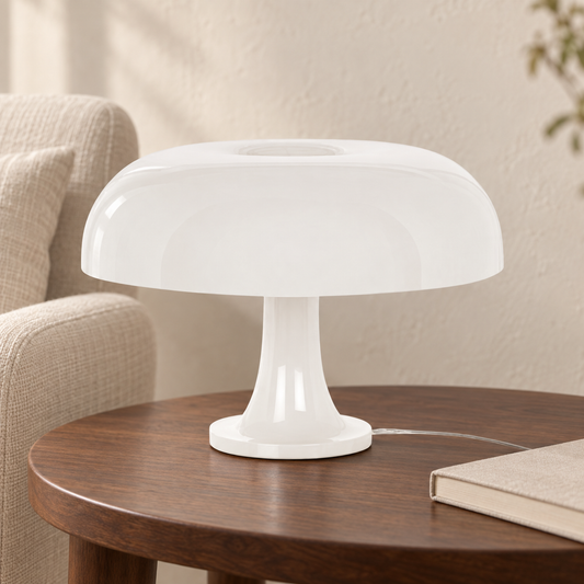 White Mushroom LED Table Lamp on a walnut side table