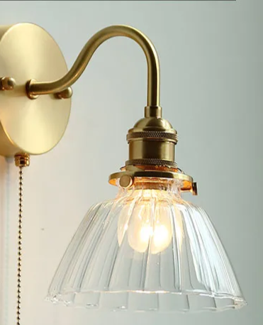 Nordic Copper Wall Light – E27 Glass Wall Lamp with Pull Cord Switch | Elegant Bathroom & Bedroom Lighting | Contemporary Scandinavian Design