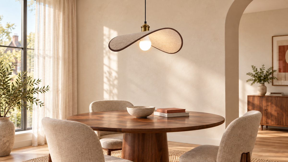 Japandi dining room with a sculptural taupe fabric pendant, walnut table and soft natural light