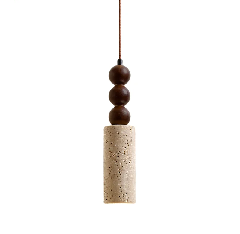 Wabiora Pendant Light – Travertine Stone & Wood Ceiling Lamp | Japandi Ambient Lighting | Natural Interior Harmony