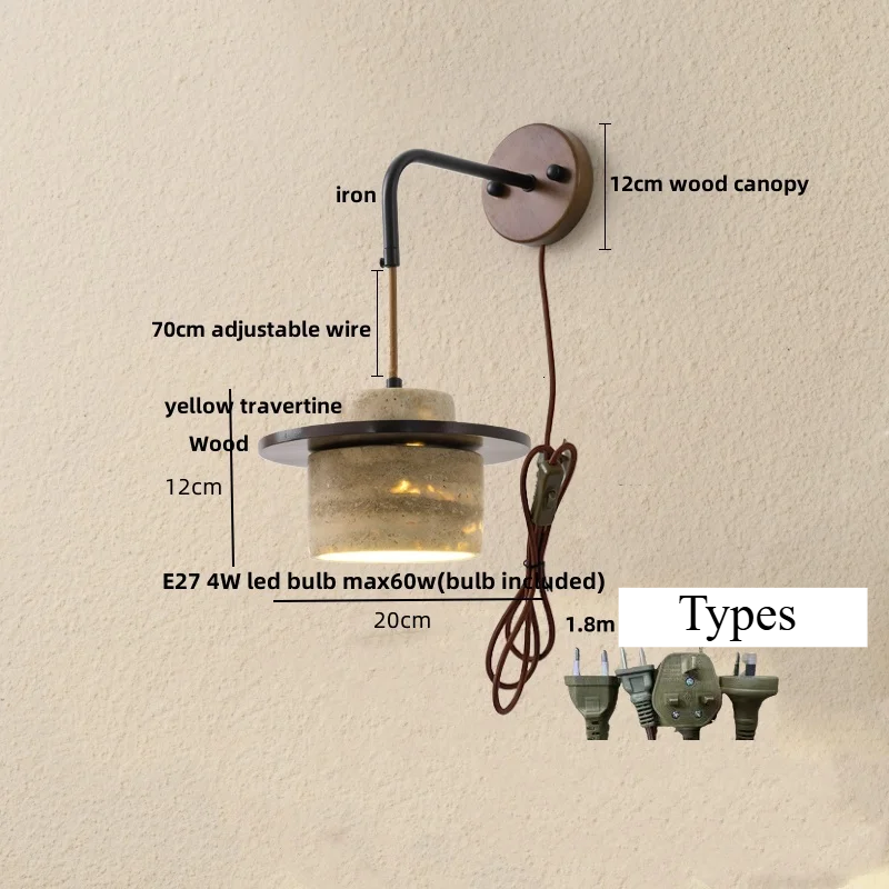 Travero Pull Wall Light – Travertine Stone & Wood LED Lamp | Scandinavian Ambient Lighting | Natural Interior Elegance