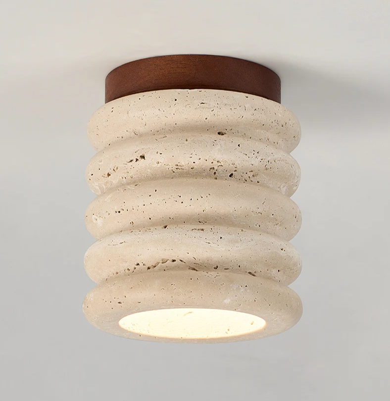 Travertine & Walnut Ceiling Light – Wabi-Sabi Japandi Flush Mount Lamp | Natural Ambient Interior Lighting