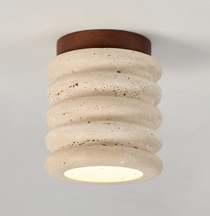 Travertine & Walnut Ceiling Light – Wabi-Sabi Japandi Flush Mount Lamp | Natural Ambient Interior Lighting