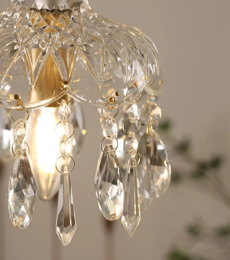 French Crystal Glass Pendant Light – Luxury Gold LED Chandelier | Elegant Ambient Lighting | Vintage-Inspired Statement Piece