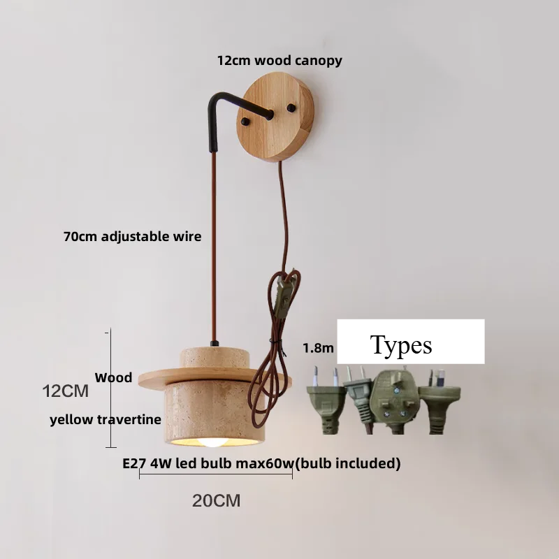 Travero Pull Wall Light – Travertine Stone & Wood LED Lamp | Scandinavian Ambient Lighting | Natural Interior Elegance