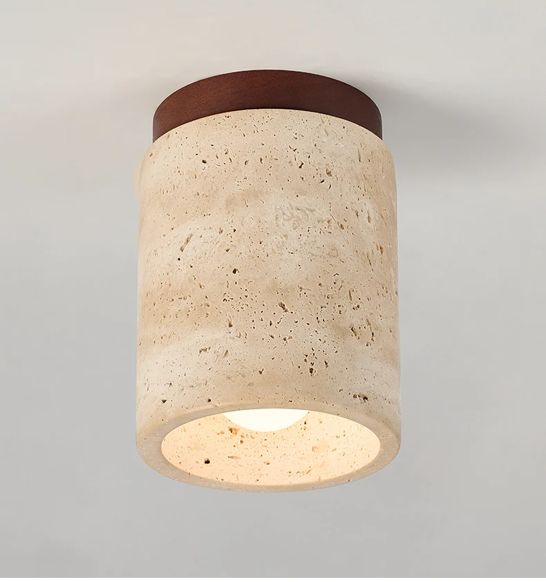 Travertine & Walnut Ceiling Light – Wabi-Sabi Japandi Flush Mount Lamp | Natural Ambient Interior Lighting