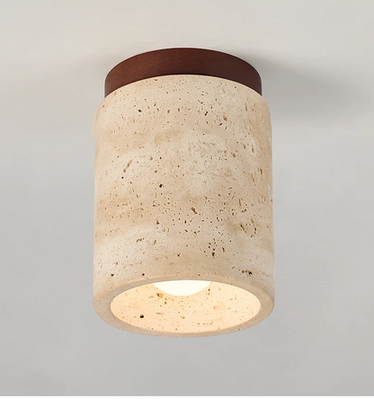 Travertine & Walnut Ceiling Light – Wabi-Sabi Japandi Flush Mount Lamp | Natural Ambient Interior Lighting