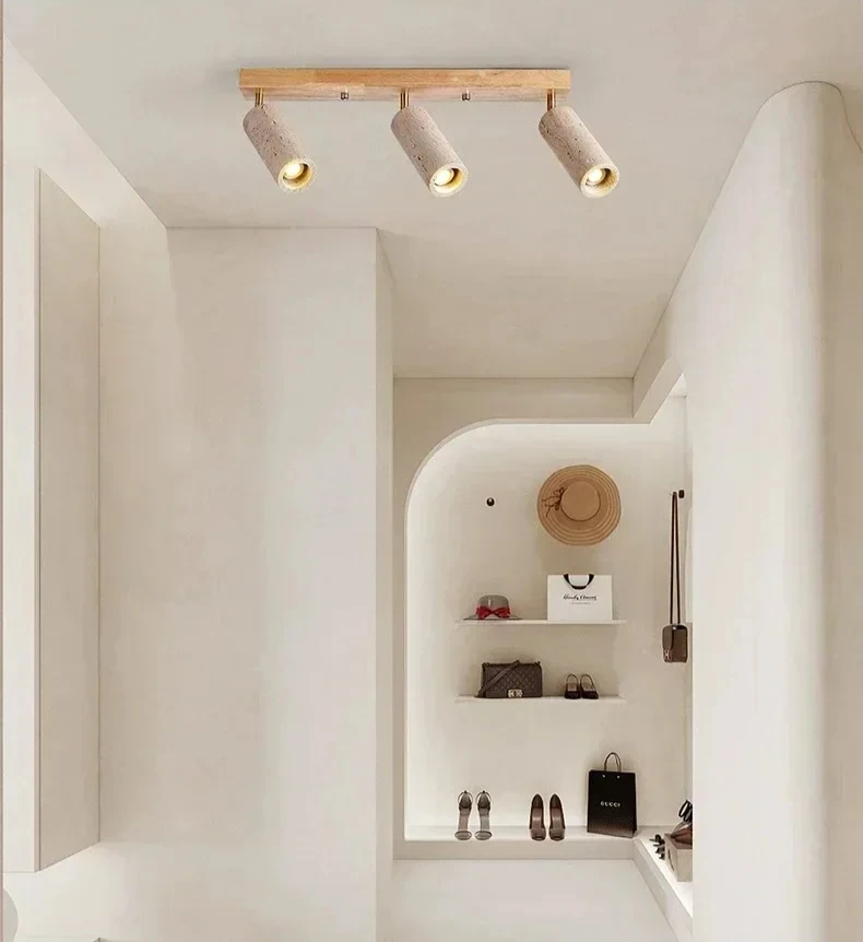 Travertine & Wood Ceiling Spotlight – Wabi-Sabi LED Flush Mount Light | Japandi Accent Interior Lighting