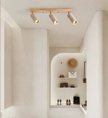 Travertine & Wood Ceiling Spotlight – Wabi-Sabi LED Flush Mount Light | Japandi Accent Interior Lighting