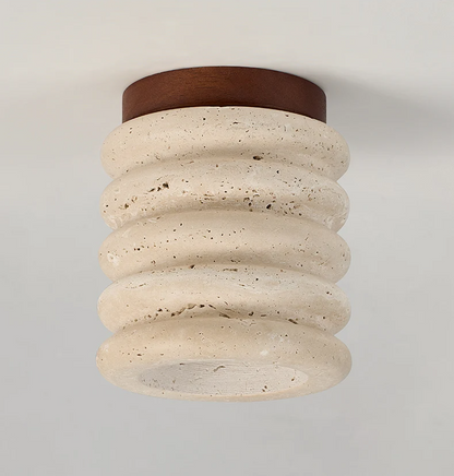 Travertine & Walnut Ceiling Light – Wabi-Sabi Japandi Flush Mount Lamp | Natural Ambient Interior Lighting