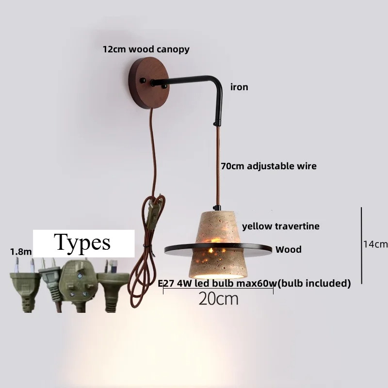 Travero Pull Wall Light – Travertine Stone & Wood LED Lamp | Scandinavian Ambient Lighting | Natural Interior Elegance
