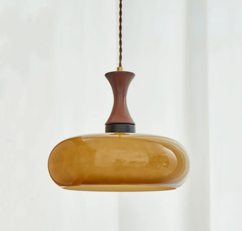 AmberGlow Vintage LED Pendant Lamp – Amber Glass & Wood Hanging Light with Adjustable 200 cm Cord