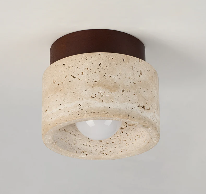 Travertine & Walnut Ceiling Light – Wabi-Sabi Japandi Flush Mount Lamp | Natural Ambient Interior Lighting