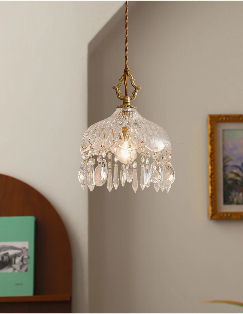 French Crystal Glass Pendant Light – Luxury Gold LED Chandelier | Elegant Ambient Lighting | Vintage-Inspired Statement Piece