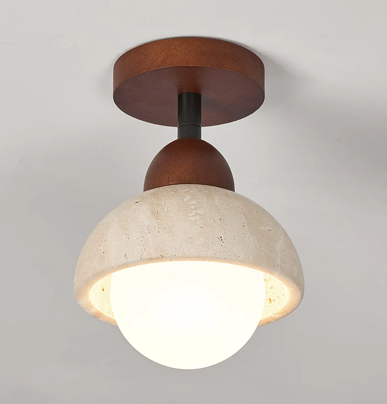 Travertine & Walnut Ceiling Light – Wabi-Sabi Japandi Flush Mount Lamp | Natural Ambient Interior Lighting