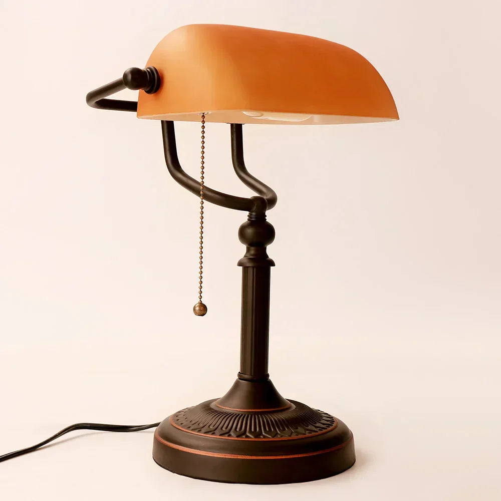 Vintage Amber Glass Table Lamp – Retro E27 Desk Light | Warm Ambient Lighting | Timeless Banker-Style Design