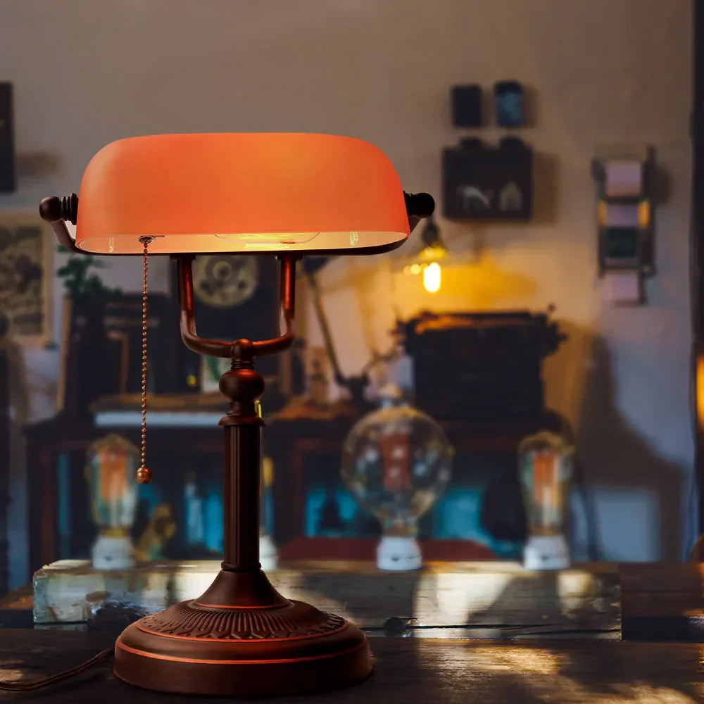 Vintage Amber Glass Table Lamp – Retro E27 Desk Light | Warm Ambient Lighting | Timeless Banker-Style Design