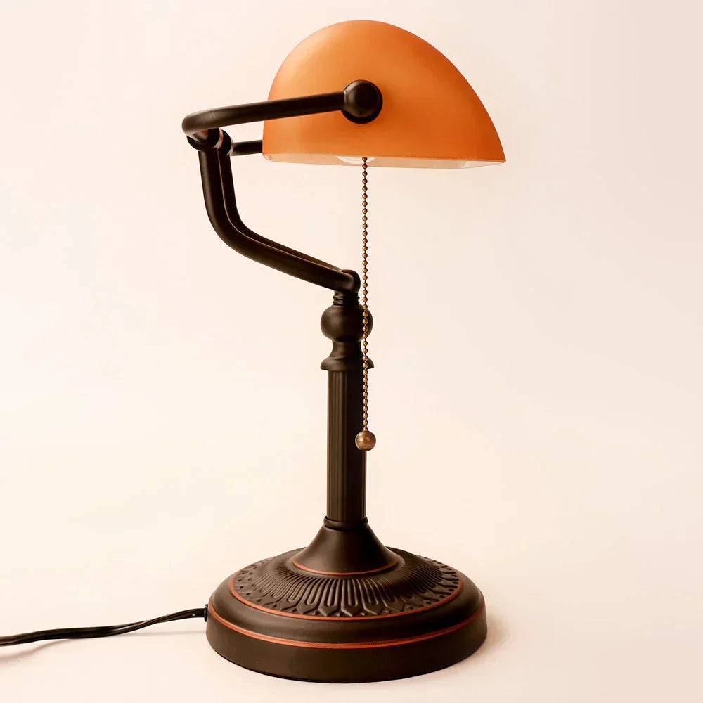 Vintage Amber Glass Table Lamp – Retro E27 Desk Light | Warm Ambient Lighting | Timeless Banker-Style Design