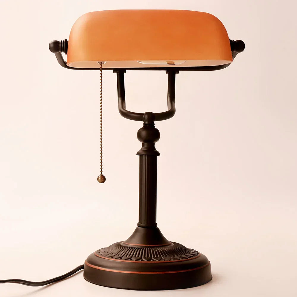 Vintage Amber Glass Table Lamp – Retro E27 Desk Light | Warm Ambient Lighting | Timeless Banker-Style Design