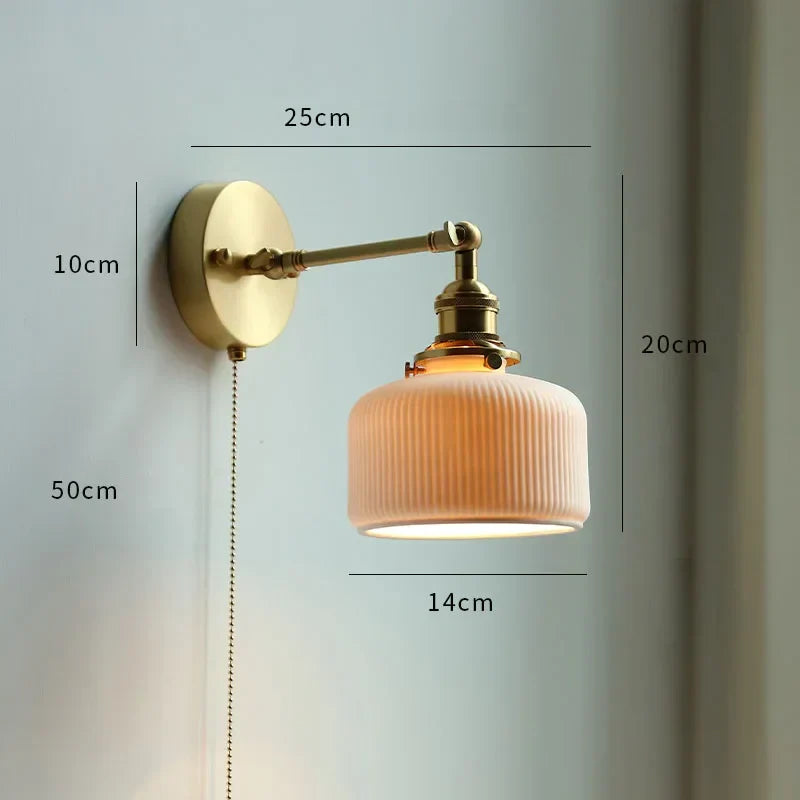 Nordic Copper Wall Light – E27 Glass Wall Lamp with Pull Cord Switch | Elegant Bathroom & Bedroom Lighting | Contemporary Scandinavian Design