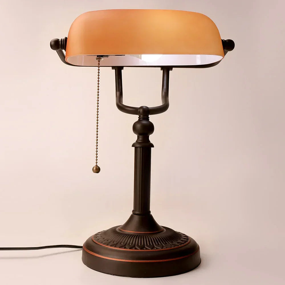 Vintage Amber Glass Table Lamp – Retro E27 Desk Light | Warm Ambient Lighting | Timeless Banker-Style Design