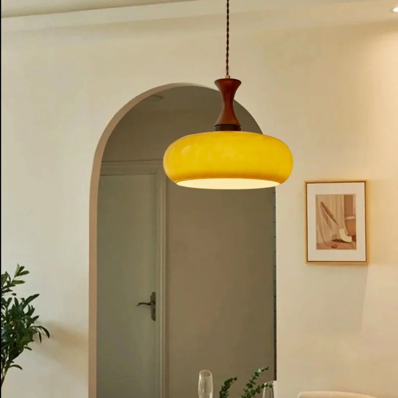 AmberGlow Vintage LED Pendant Lamp – Amber Glass & Wood Hanging Light with Adjustable 200 cm Cord