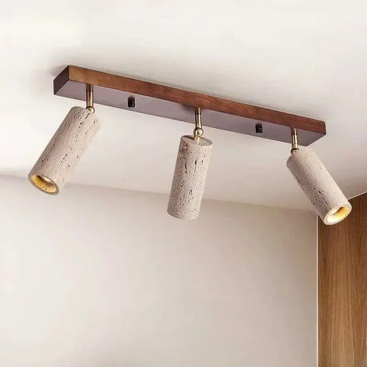 Travertine & Wood Ceiling Spotlight – Wabi-Sabi LED Flush Mount Light | Japandi Accent Interior Lighting