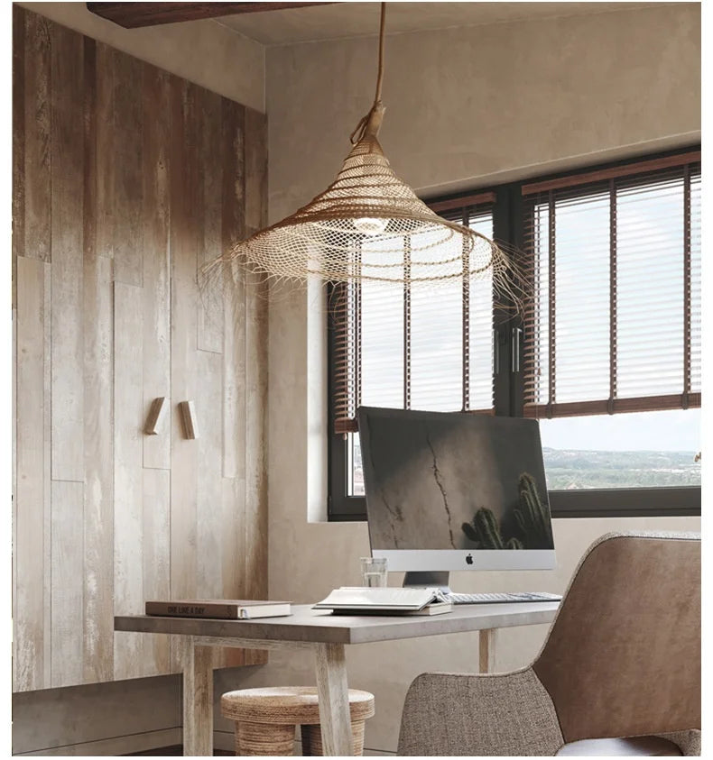 Kaizen Loom Pendant Light – Japandi LED Hanging Lamp | Wabi-Sabi Rattan-Style Ceiling Light for Calm Modern Interiors