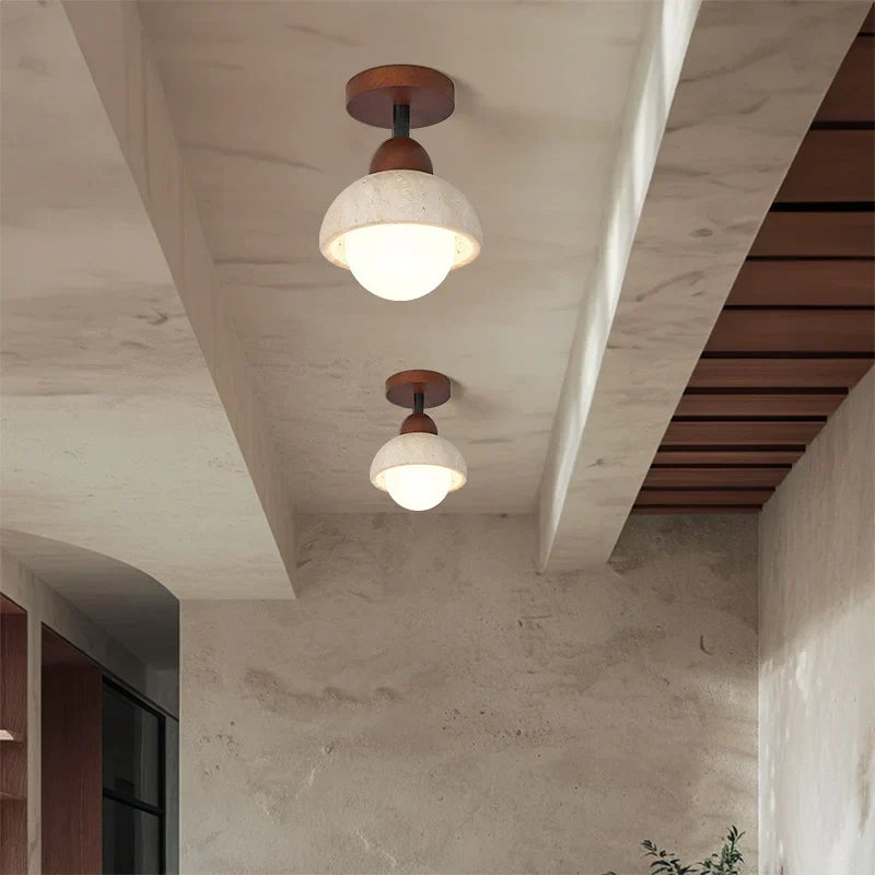 Travertine & Walnut Ceiling Light – Wabi-Sabi Japandi Flush Mount Lamp | Natural Ambient Interior Lighting