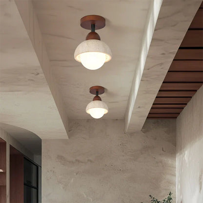 Travertine & Walnut Ceiling Light – Wabi-Sabi Japandi Flush Mount Lamp | Natural Ambient Interior Lighting