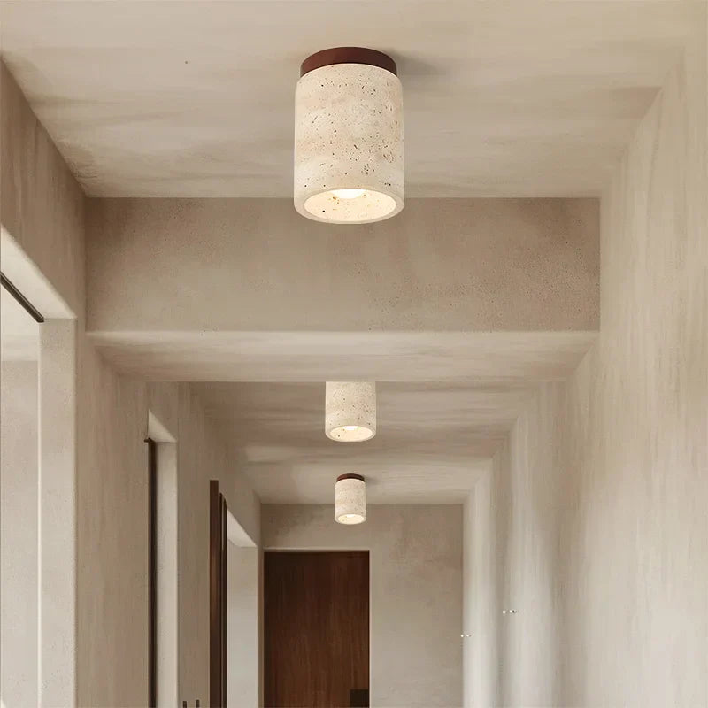 Travertine & Walnut Ceiling Light – Wabi-Sabi Japandi Flush Mount Lamp | Natural Ambient Interior Lighting