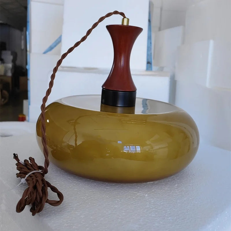 AmberGlow Vintage LED Pendant Lamp – Amber Glass & Wood Hanging Light with Adjustable 200 cm Cord