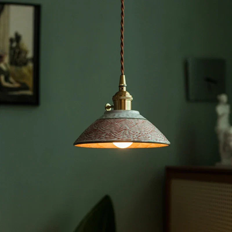 Dark Green Ceramic Pendant Light with Copper Finish – Retro Nordic Ceiling Lamp | Elegant Ambient Lighting