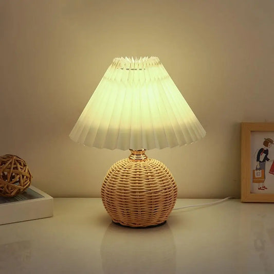 Vintage Pleated Table Lamp – Rattan Base LED Bedside Lamp | Elegant Reading Light | Decorative Bedroom Table Lamp