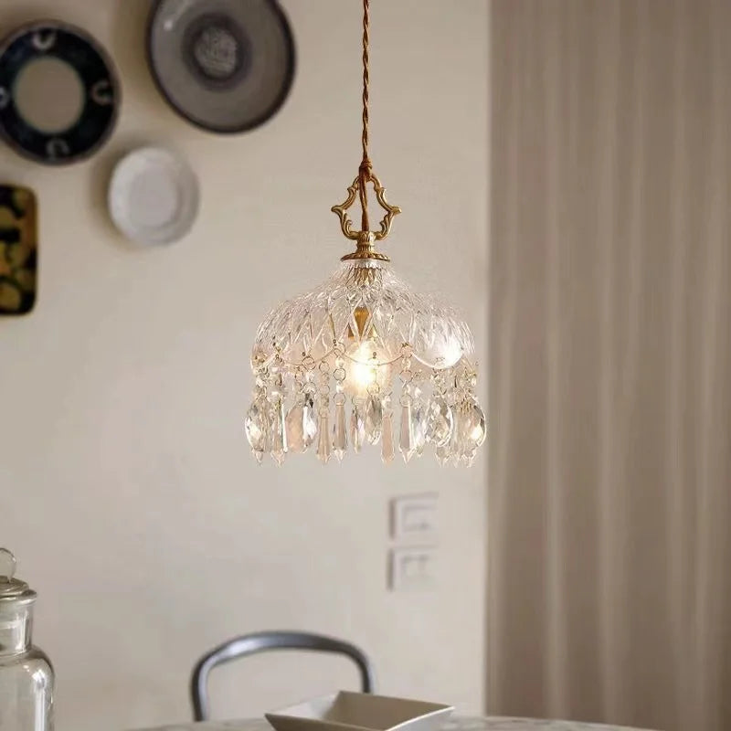 French Crystal Glass Pendant Light – Luxury Gold LED Chandelier | Elegant Ambient Lighting | Vintage-Inspired Statement Piece