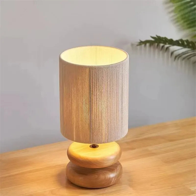 Japanese Wood Table Lamp with Jute Detail – Minimalist LED Bedside Light | Warm Zen Interior Lighting