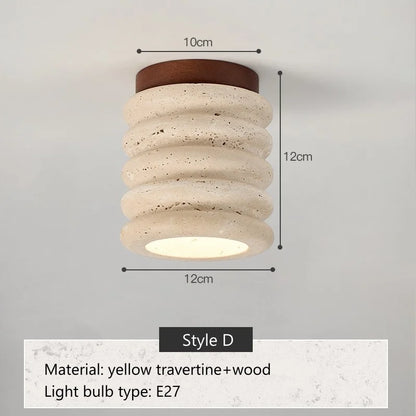 Travertine & Walnut Ceiling Light – Wabi-Sabi Japandi Flush Mount Lamp | Natural Ambient Interior Lighting