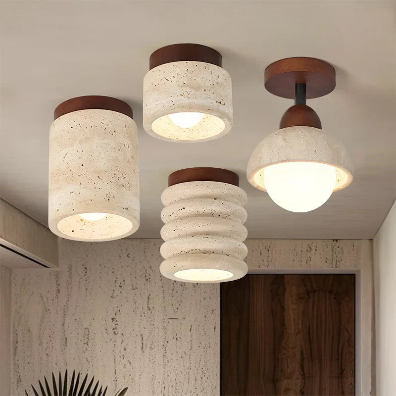 Travertine & Walnut Ceiling Light – Wabi-Sabi Japandi Flush Mount Lamp | Natural Ambient Interior Lighting