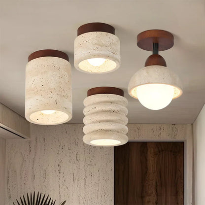 Travertine & Walnut Ceiling Light – Wabi-Sabi Japandi Flush Mount Lamp | Natural Ambient Interior Lighting