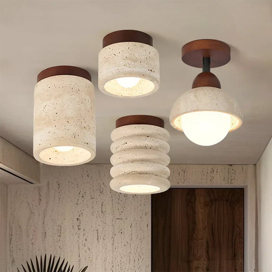 Travertine & Walnut Ceiling Light – Wabi-Sabi Japandi Flush Mount Lamp | Natural Ambient Interior Lighting