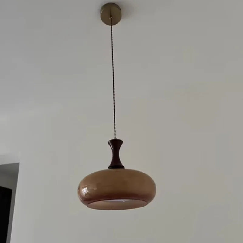 AmberGlow Vintage LED Pendant Lamp – Amber Glass & Wood Hanging Light with Adjustable 200 cm Cord