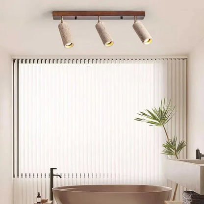 Travertine & Wood Ceiling Spotlight – Wabi-Sabi LED Flush Mount Light | Japandi Accent Interior Lighting