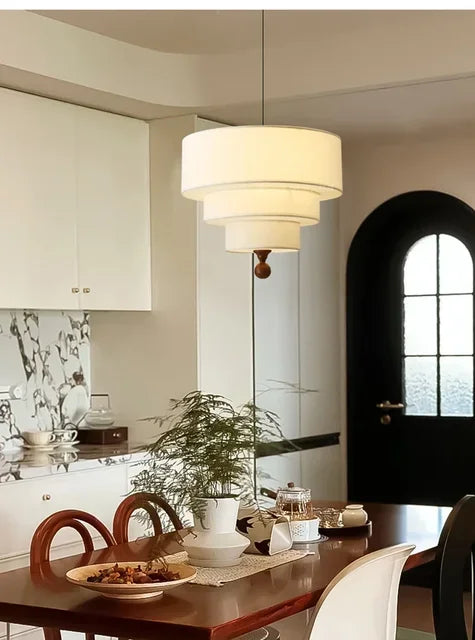 Boho Fabric Pendant Light – Wooden Ceiling Lamp | Warm Ambient Lighting | Rustic Modern Interior Décor