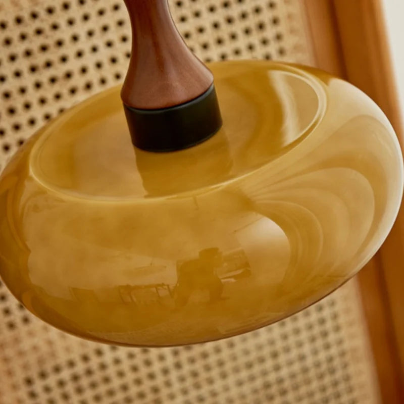 AmberGlow Vintage LED Pendant Lamp – Amber Glass & Wood Hanging Light with Adjustable 200 cm Cord