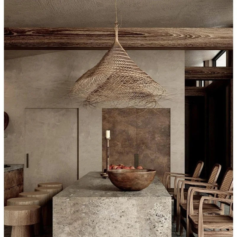 Kaizen Loom Pendant Light – Japandi LED Hanging Lamp | Wabi-Sabi Rattan-Style Ceiling Light for Calm Modern Interiors