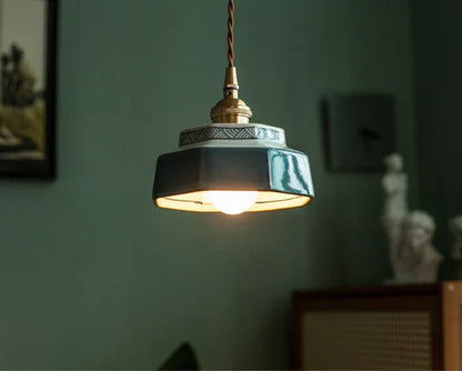 Dark Green Ceramic Pendant Light with Copper Finish – Retro Nordic Ceiling Lamp | Elegant Ambient Lighting