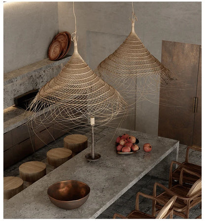 Kaizen Loom Pendant Light – Japandi LED Hanging Lamp | Wabi-Sabi Rattan-Style Ceiling Light for Calm Modern Interiors
