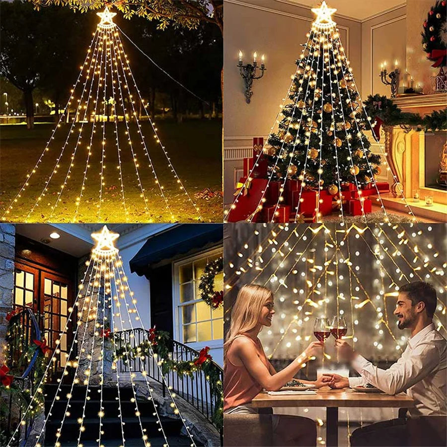 LumiCascade LED Star Waterfall String Lights – 350 LEDs, 8 Lighting Modes | Outdoor, Garden, Patio & Christmas Decoration
