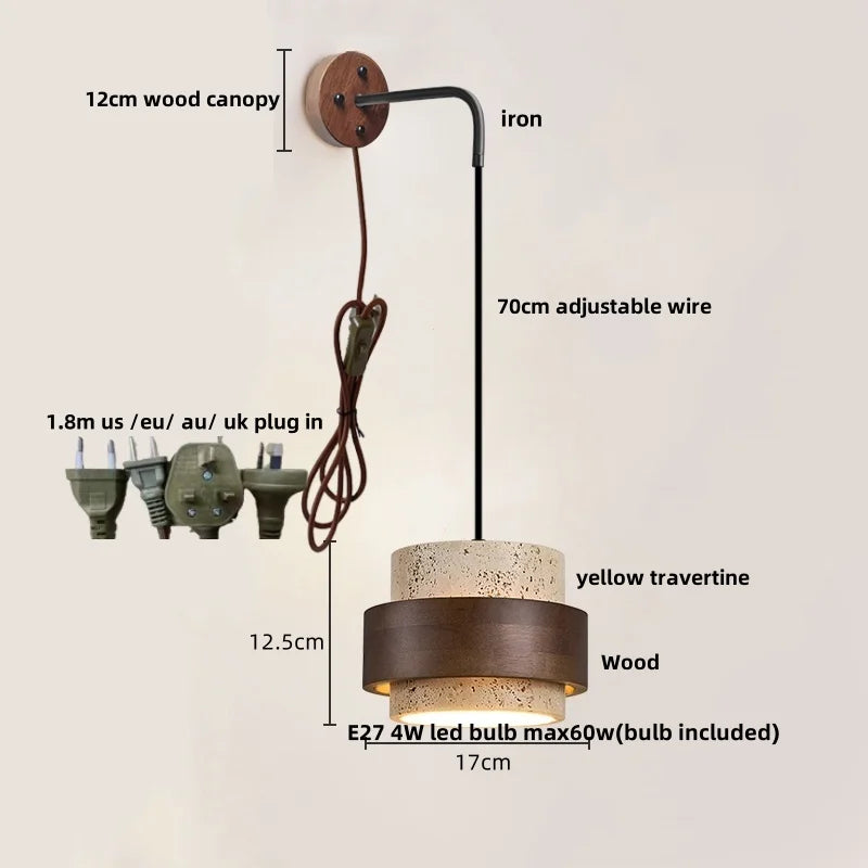 Travero Pull Wall Light – Travertine Stone & Wood LED Lamp | Scandinavian Ambient Lighting | Natural Interior Elegance