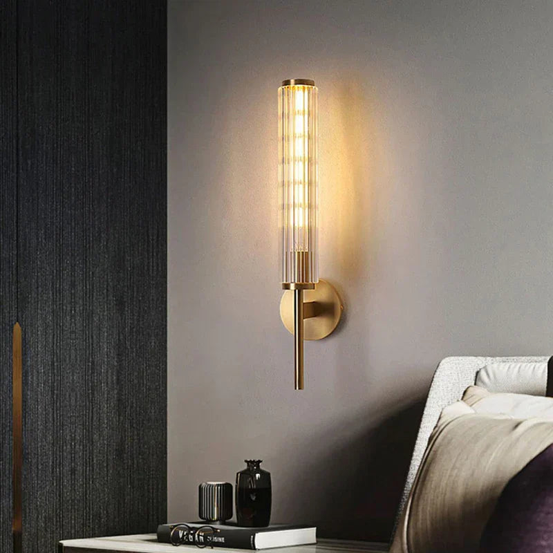 Modern Clear Glass Wall Light – Gold Brass E14 LED Wall Lamp for Bedrooms, Hallways & Bathrooms